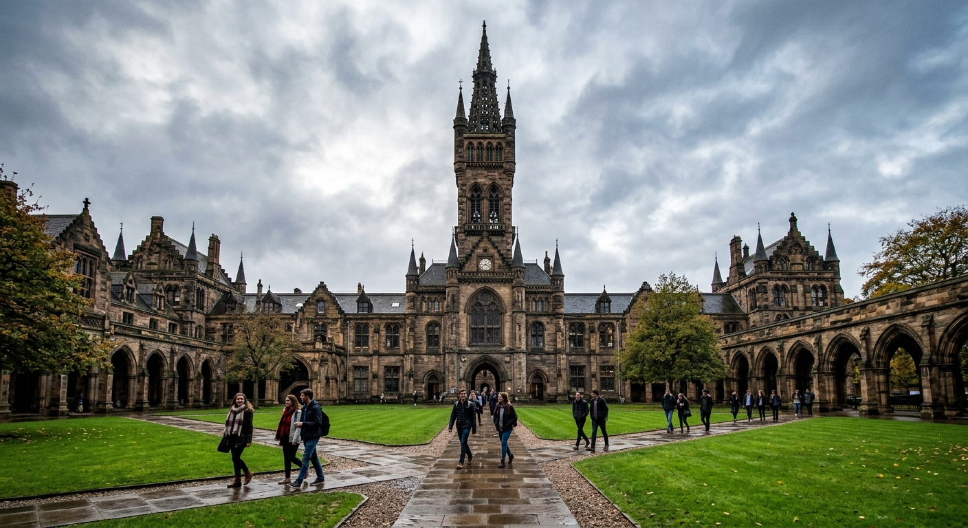 Gilbert Scott Building at University of Glasgow, Gothic Revival architecture with tall tower, green quadrangle, students walking on pathways, overcast sky