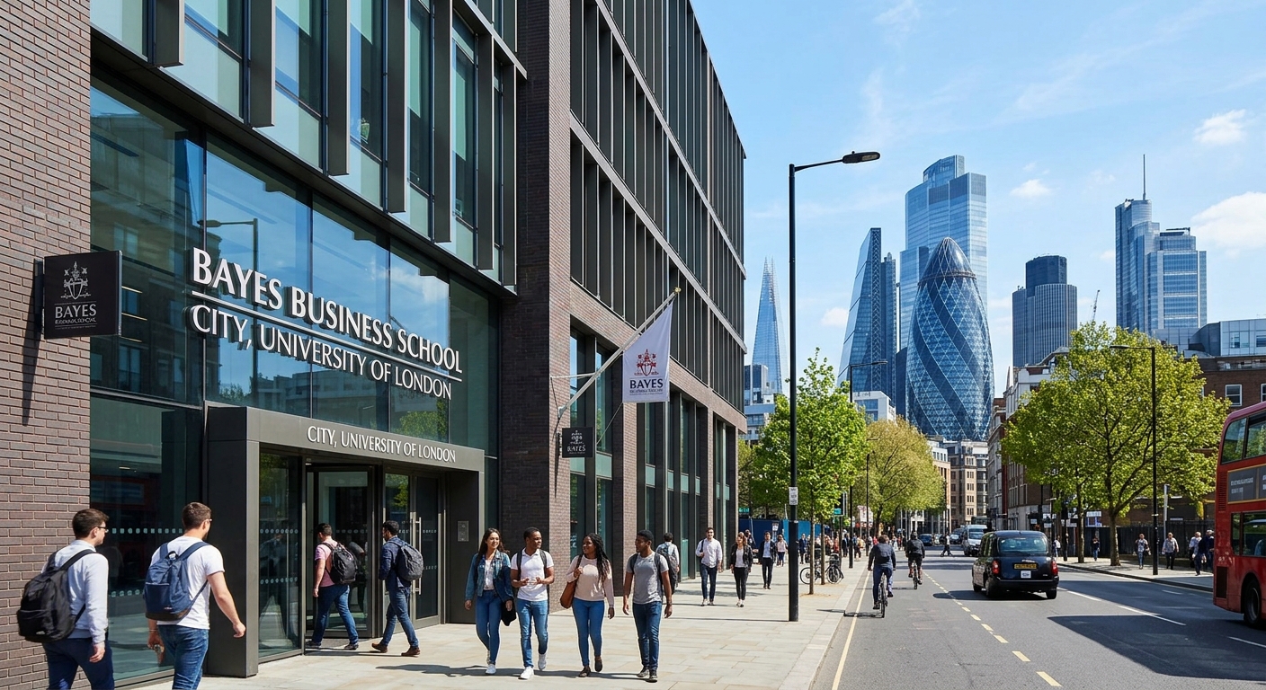 Modern Bayes Business School building exterior on Bunhill Row in London, with City of London financial district skyscrapers visible in the background, students walking near the entrance on a sunny day