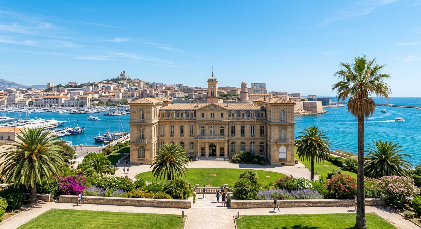 Aix-Marseille University Pharo campus in Marseille, elegant 19th century building overlooking the Mediterranean harbor, palm trees and manicured gardens, clear blue sky