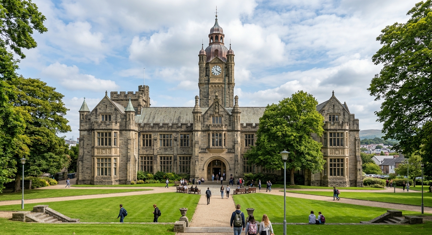 Bangor University Main Arts building, an impressive Edwardian stone structure with a clock tower, surrounded by mature trees and green lawns in the city centre