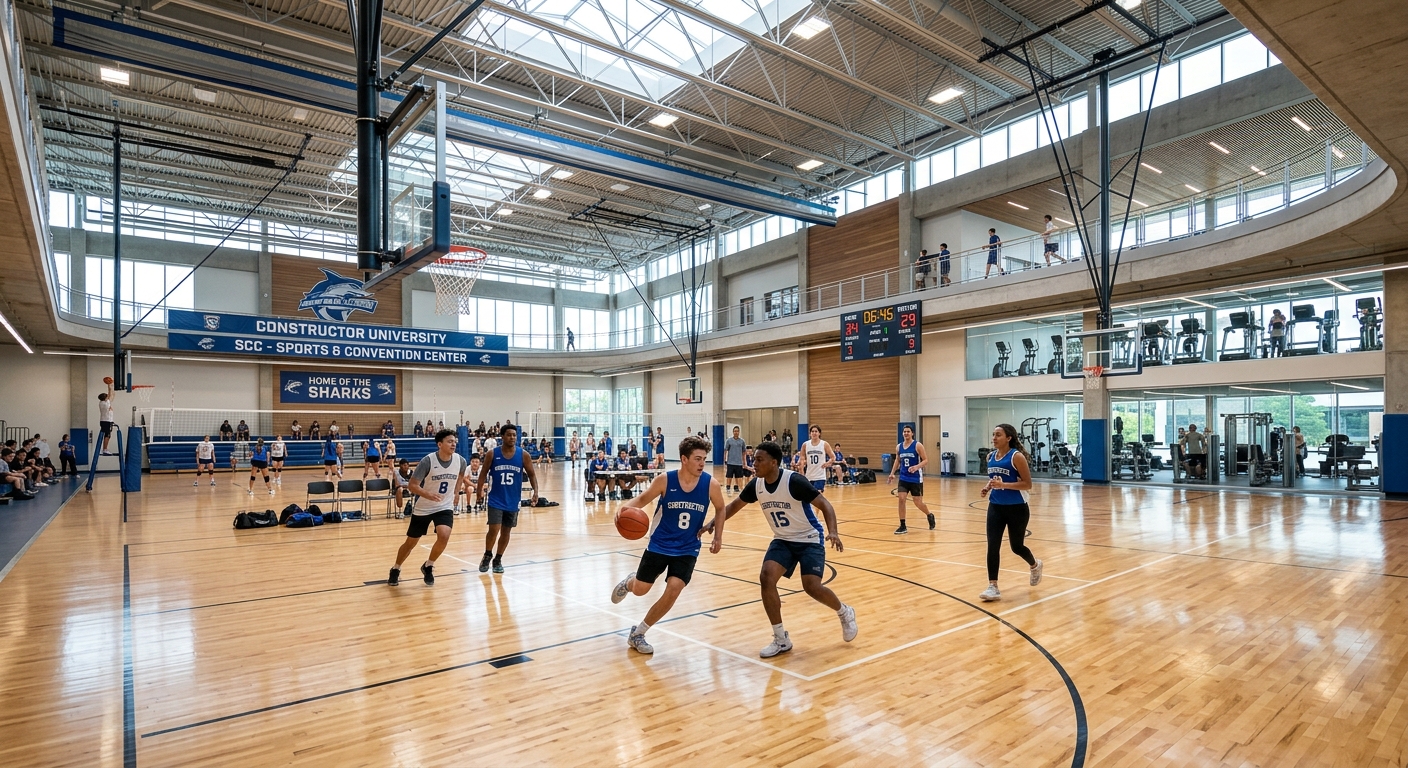 Constructor University Sports and Convention Center, large modern sports facility with indoor courts, fitness center, students playing basketball