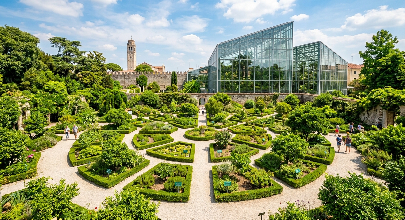 Botanical Garden of Padua (Orto Botanico) with lush green plants, glass biodiversity greenhouse, Renaissance garden layout, sunny day