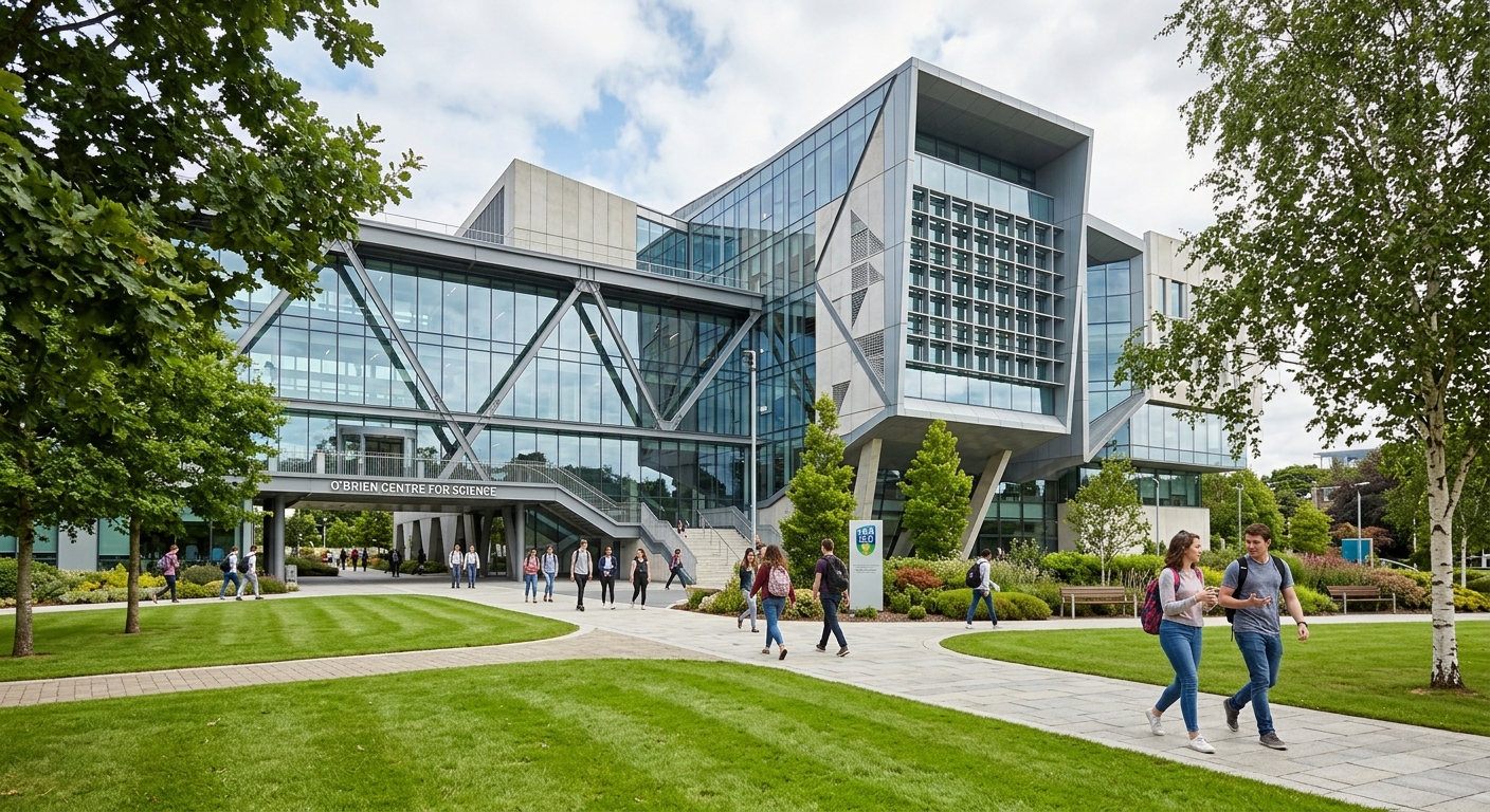 UCD O'Brien Centre for Science, modern glass and steel building with geometric architecture, students walking on pathways surrounded by manicured lawns