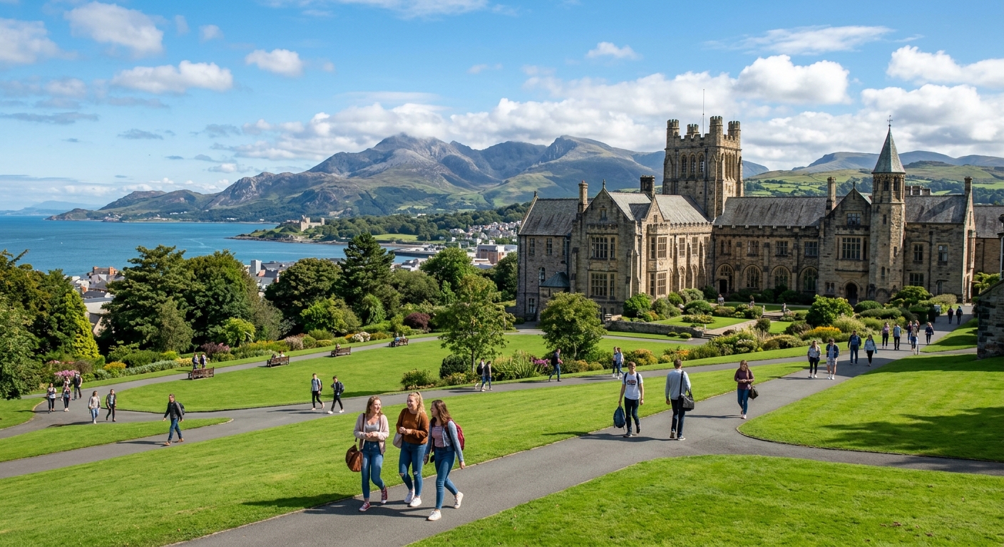 Bangor University campus with historic stone buildings set against the backdrop of Snowdonia mountains, green lawns in the foreground, students walking along pathways, blue sky with scattered clouds over North Wales coastline