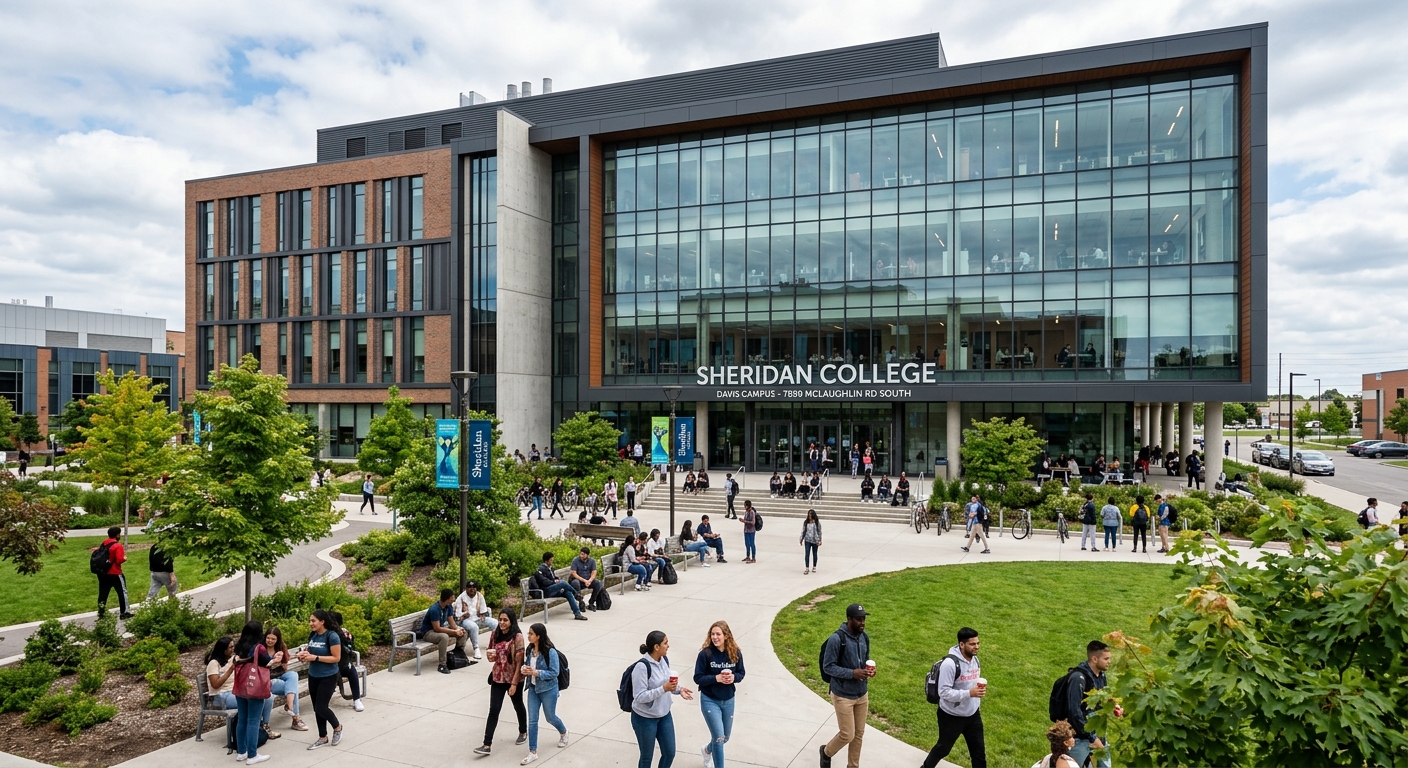 Sheridan College Davis Campus Brampton, modern multi-story academic building with large glass windows, students gathering in outdoor courtyard, landscaped green areas