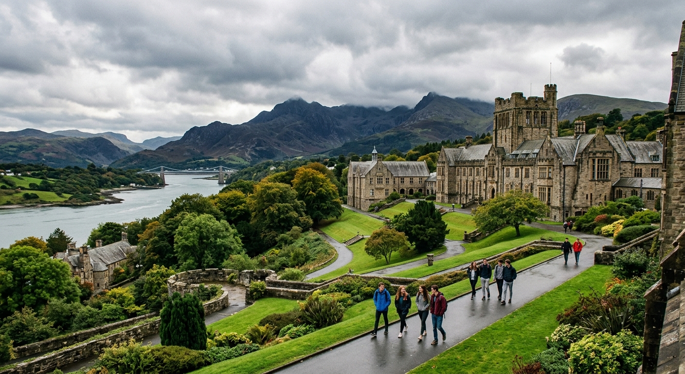 Bangor University campus with historic stone buildings nestled between Snowdonia mountains and the Menai Strait, students walking through green grounds under overcast Welsh sky