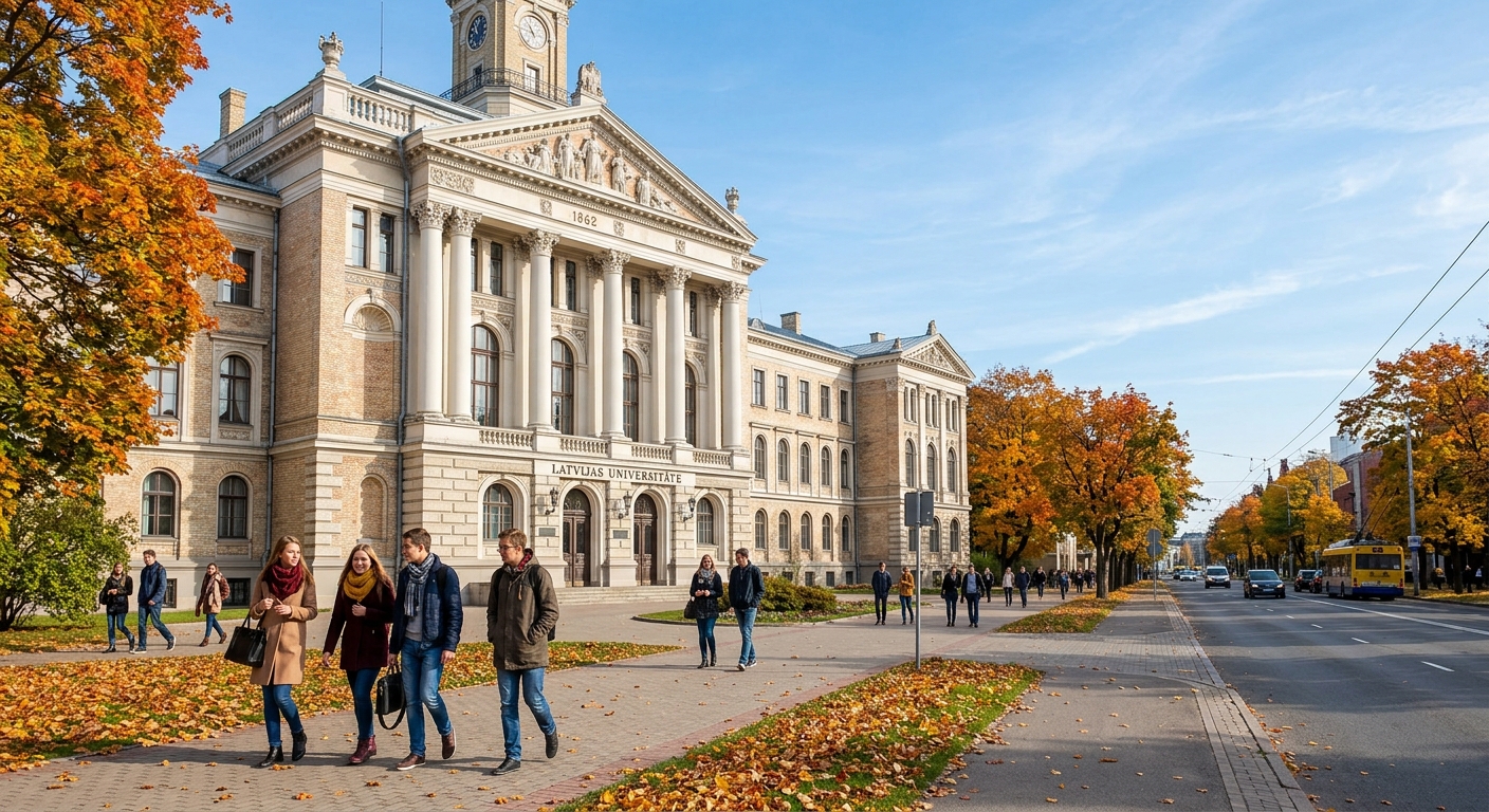 Historic University of Latvia main building on Raina Boulevard in Riga city centre, classical architecture with columns, students walking on campus grounds, autumn trees lining the boulevard, clear sky