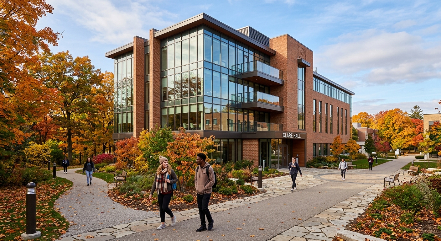 Clare Hall modern residence building at Brescia University College, contemporary glass and brick design, students walking on pathways, autumn foliage