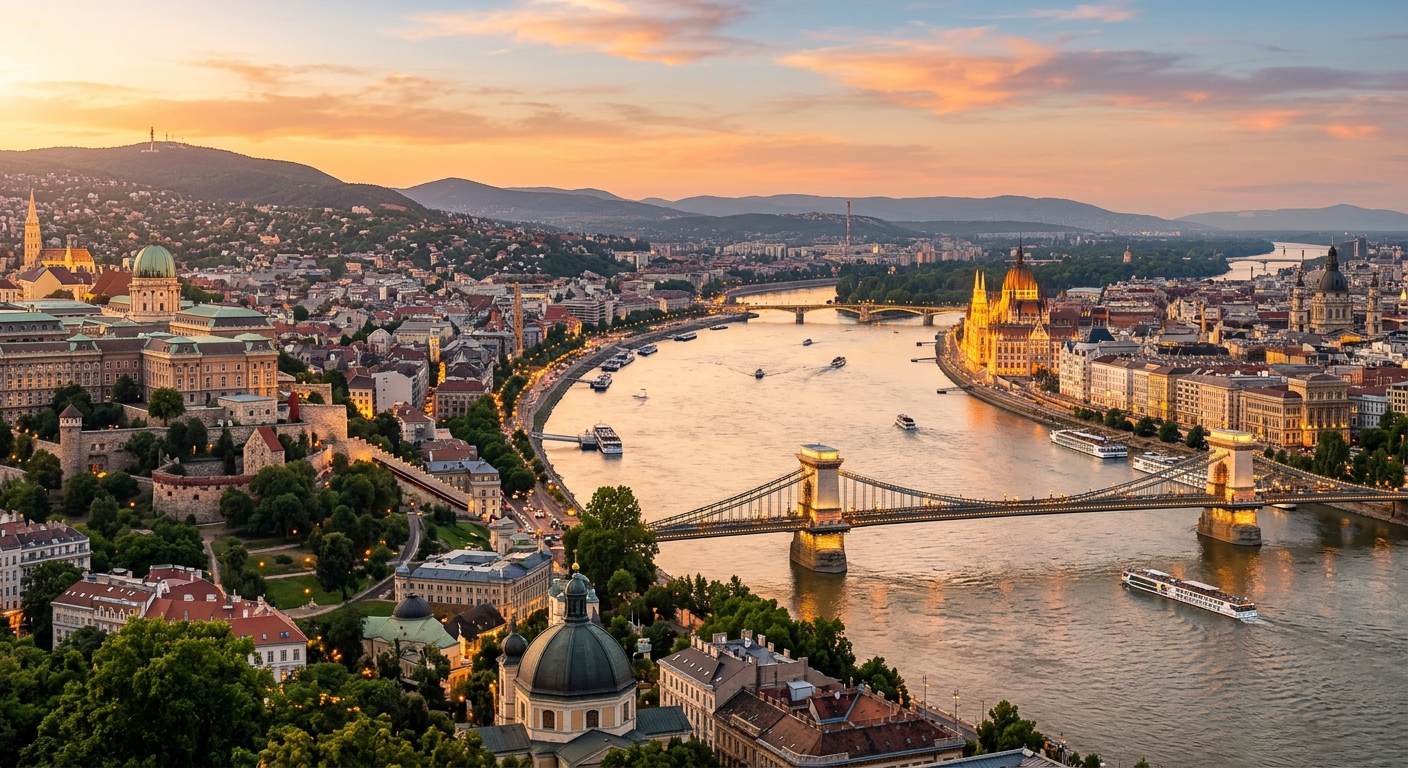 Budapest panoramic cityscape at golden hour, Hungarian Parliament building along the Danube River, Chain Bridge, Buda Castle on the hill, thermal bath domes visible, warm evening light reflecting on the water