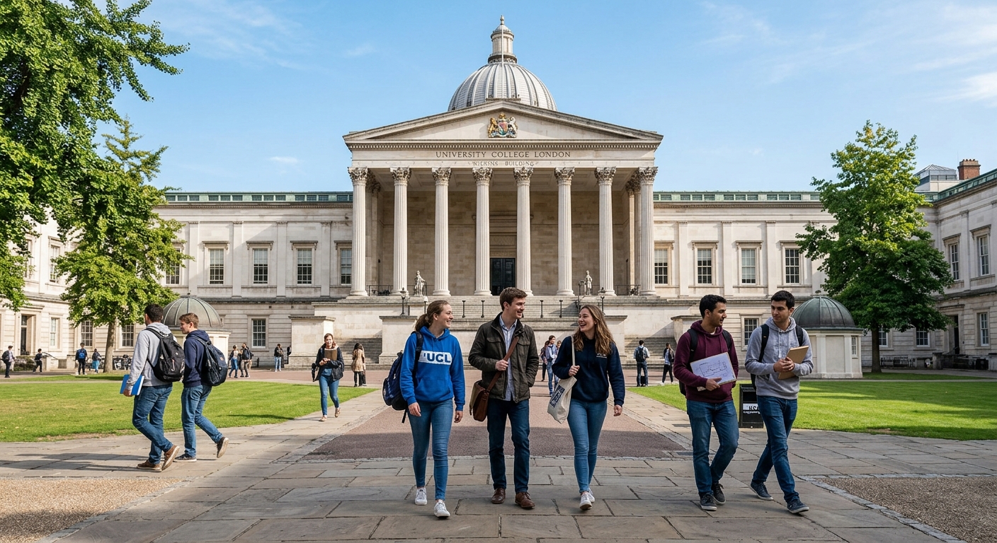 UCL University College London historic Bloomsbury campus with neoclassical Wilkins Building portico, engineering students walking through the main quad, clear sky over central London