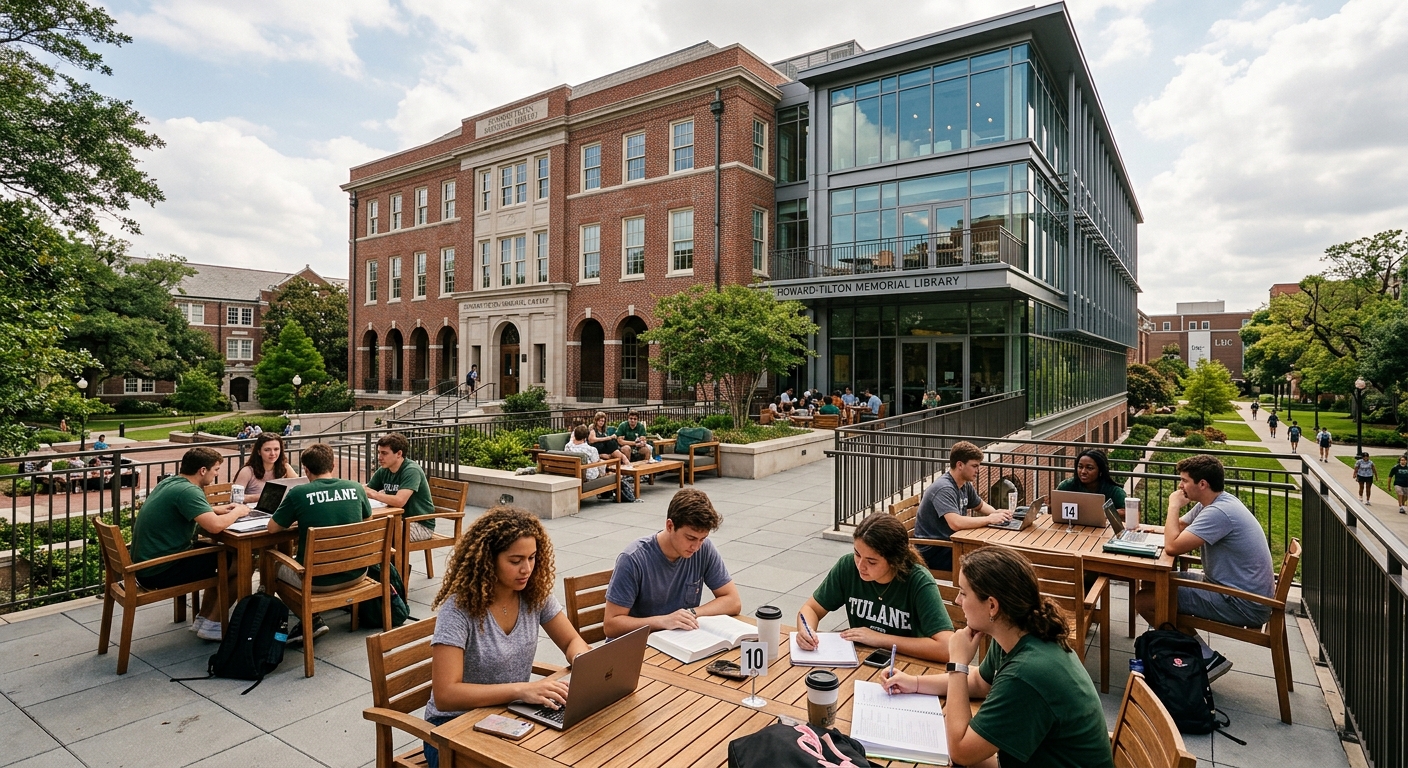 Howard-Tilton Memorial Library at Tulane University, multi-story brick building with modern additions, students studying on outdoor terrace