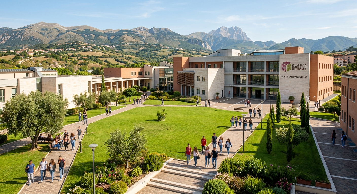 University of Teramo Coste Sant'Agostino campus with modern academic buildings, green courtyard, Italian architecture, students walking along pathways under Mediterranean sunlight, Abruzzo hills in the background