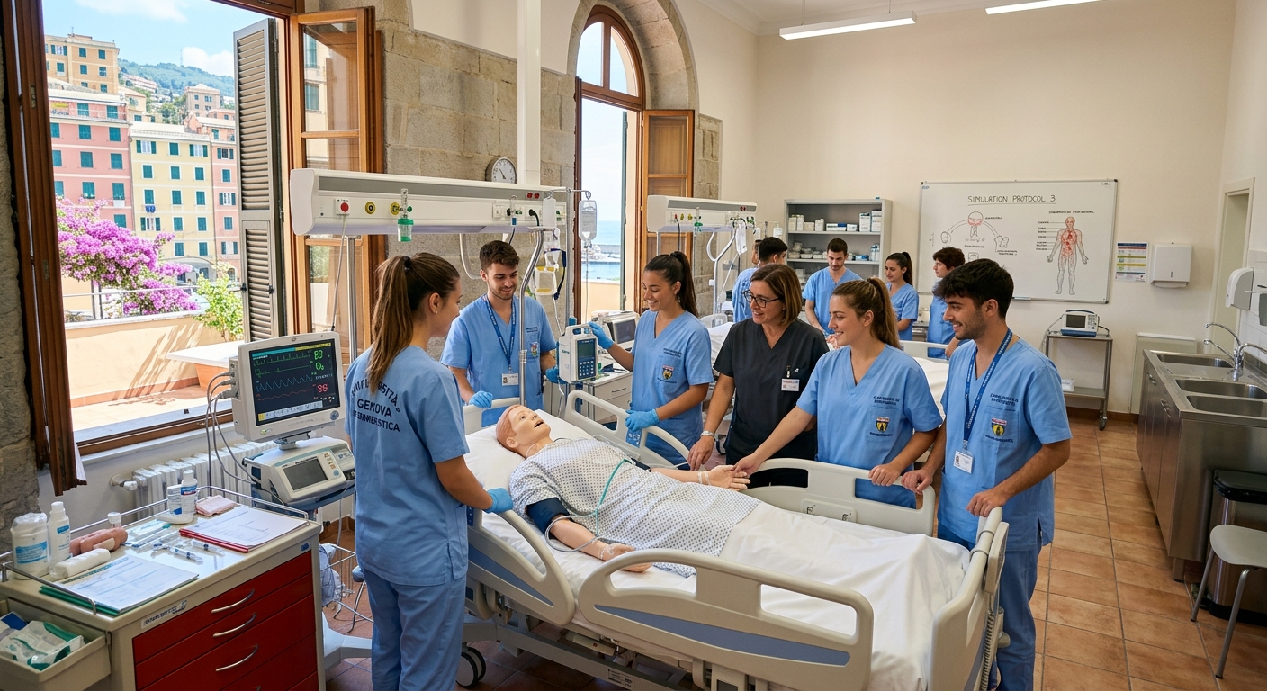 University of Genoa campus building in Genoa, Italy with Mediterranean architecture, nursing students in clinical simulation lab wearing scrubs, bright modern healthcare training facility with medical equipment