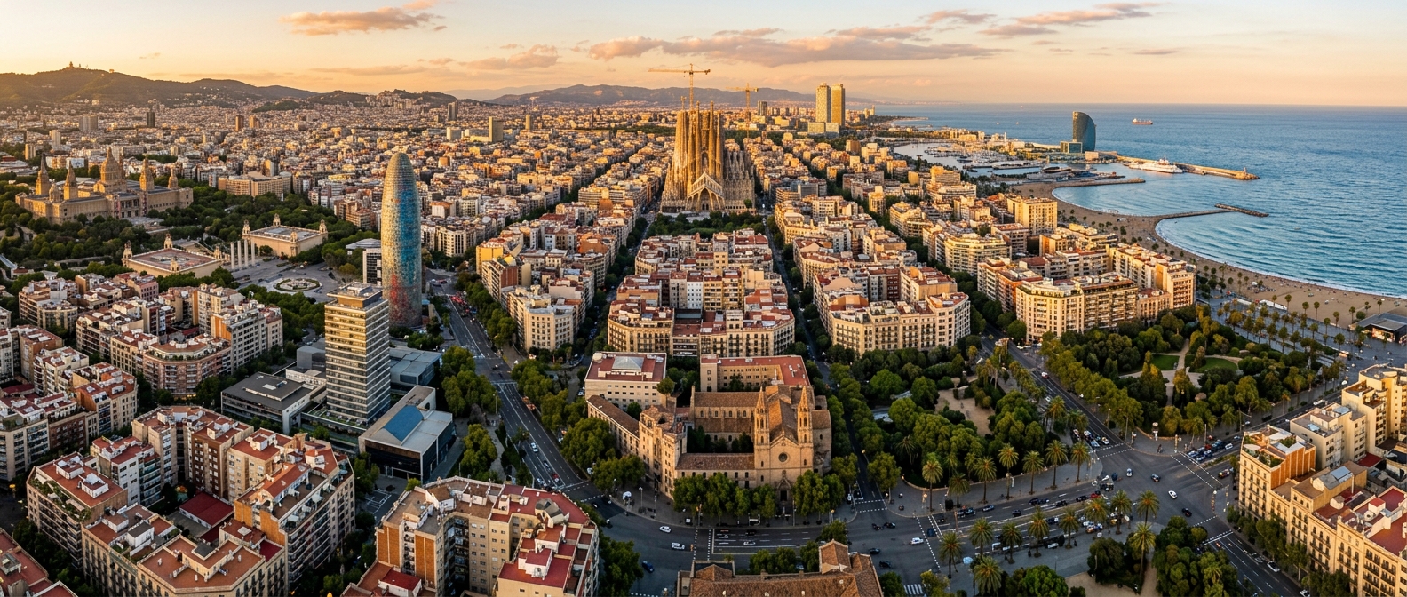 Barcelona cityscape panorama from above, Sagrada Familia in the distance, Mediterranean Sea coastline, modern and historic architecture blending, golden hour lighting, palm trees