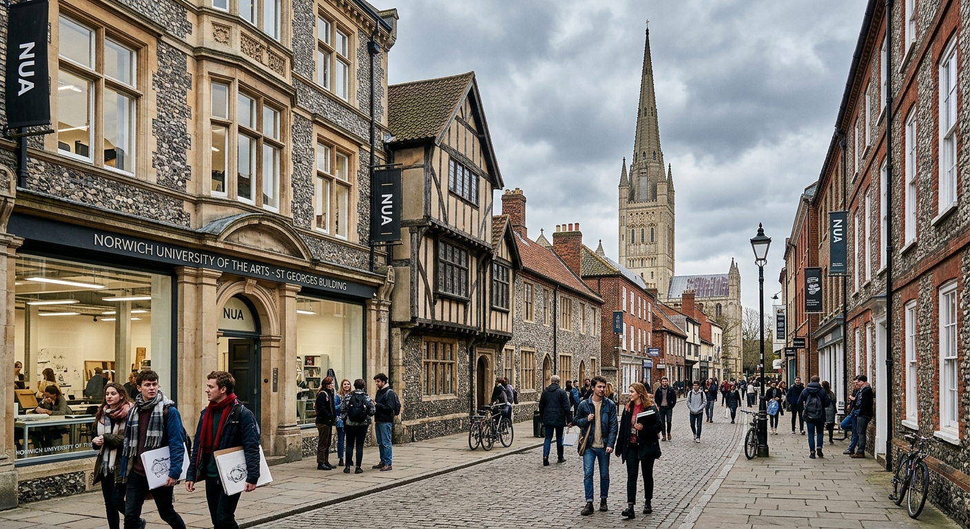 Norwich University of the Arts city centre campus, historic medieval buildings with modern interiors along St Georges Street, pedestrianised area with creative students, Norwich Cathedral spire visible in background, overcast English sky