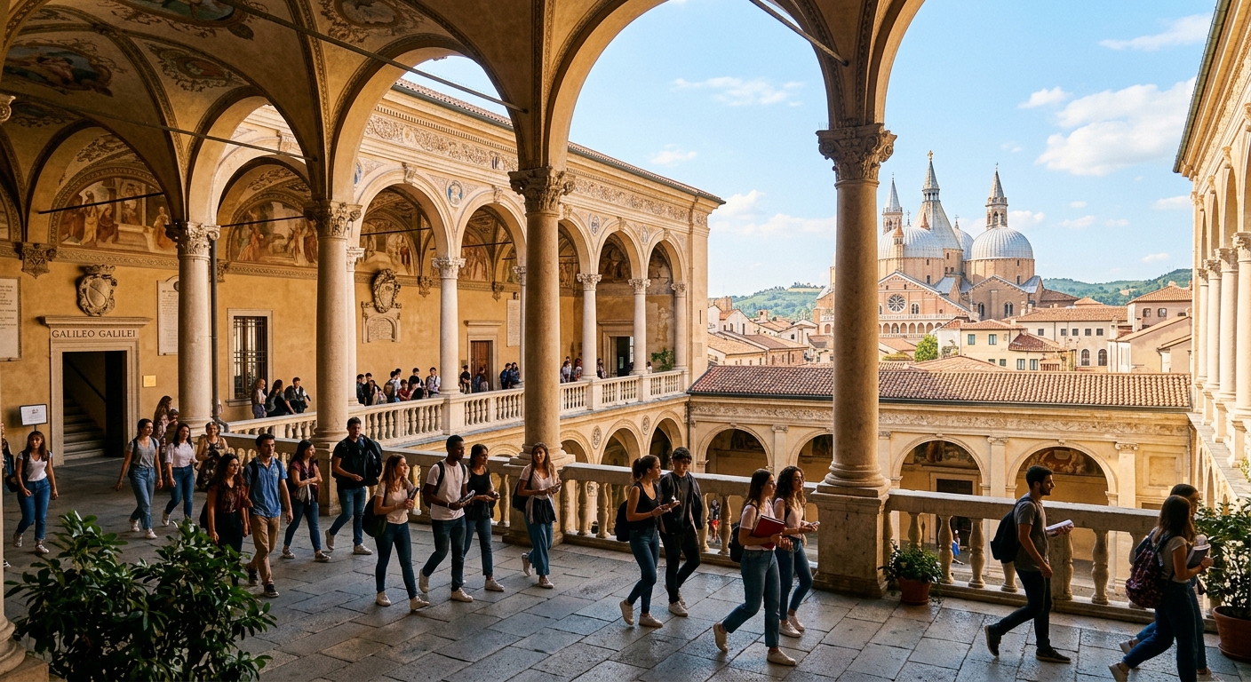 Historic University of Padua campus with Renaissance architecture, arched corridors of Palazzo Bo, students walking through courtyard, warm Italian sunlight, Padova cityscape in background