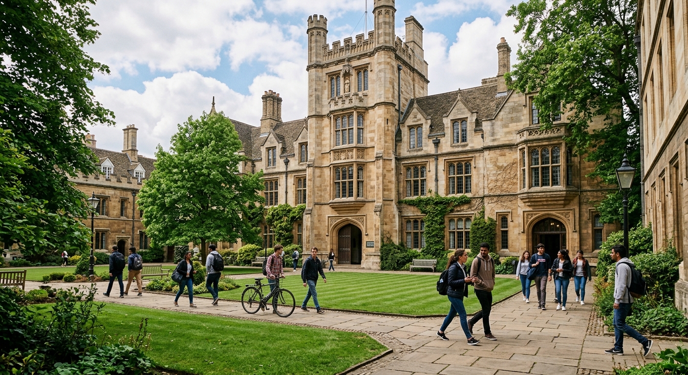 University of Cambridge Department of Engineering building exterior with historic stone architecture, green courtyard, and students walking along pathways under a partly cloudy sky in Cambridge, United Kingdom
