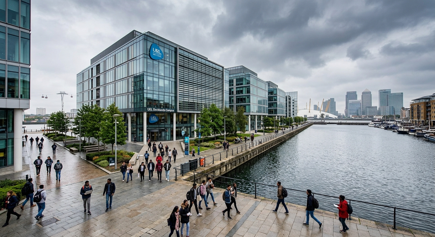 University of East London Docklands campus with modern glass buildings along the waterfront, students walking on campus pathways, London skyline in the background, overcast British sky