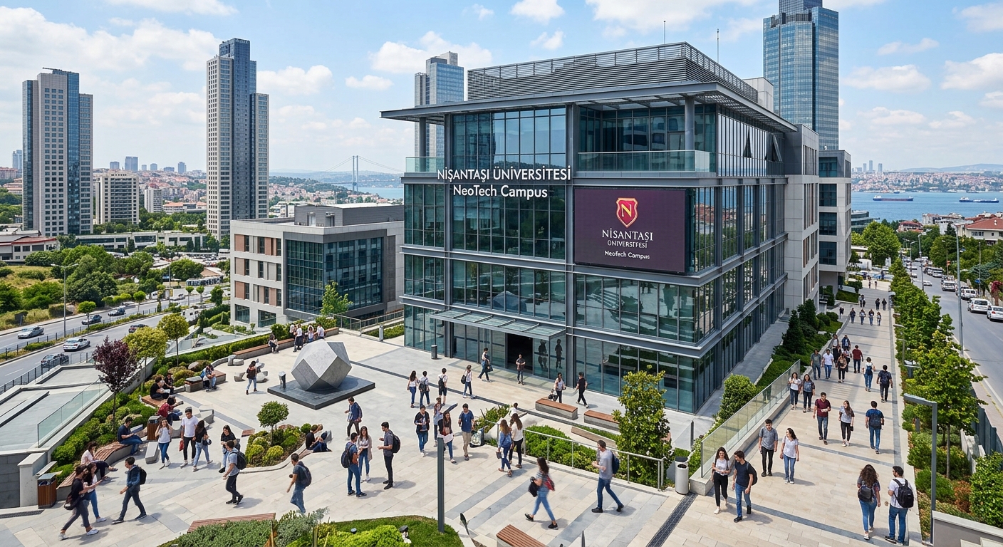 Istanbul Nisantasi University NeoTech Campus in Maslak Sariyer, modern glass and steel buildings surrounded by Istanbul cityscape, European side skyline, bright daylight, students walking across contemporary campus plaza
