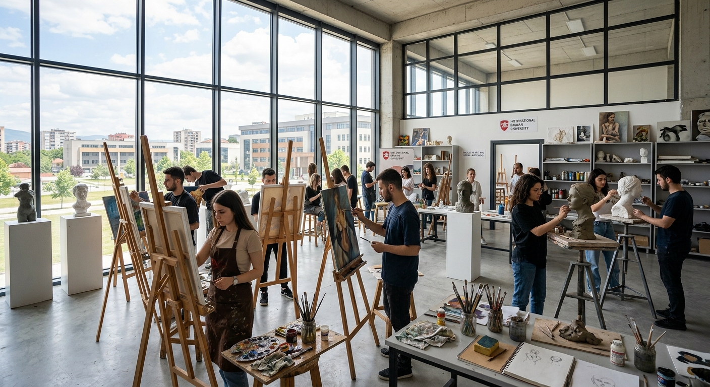 Modern art studio at International Balkan University in Skopje, students working on paintings and sculptures, large windows with natural light, easels and art supplies arranged throughout the creative workspace