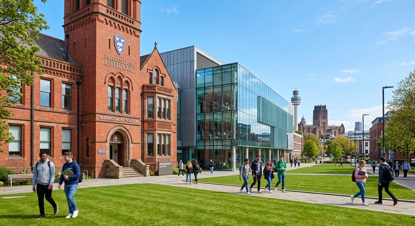 University of Liverpool Management School red brick building exterior with students walking on campus, green lawn in foreground, modern glass extension visible, clear sky over Liverpool cityscape
