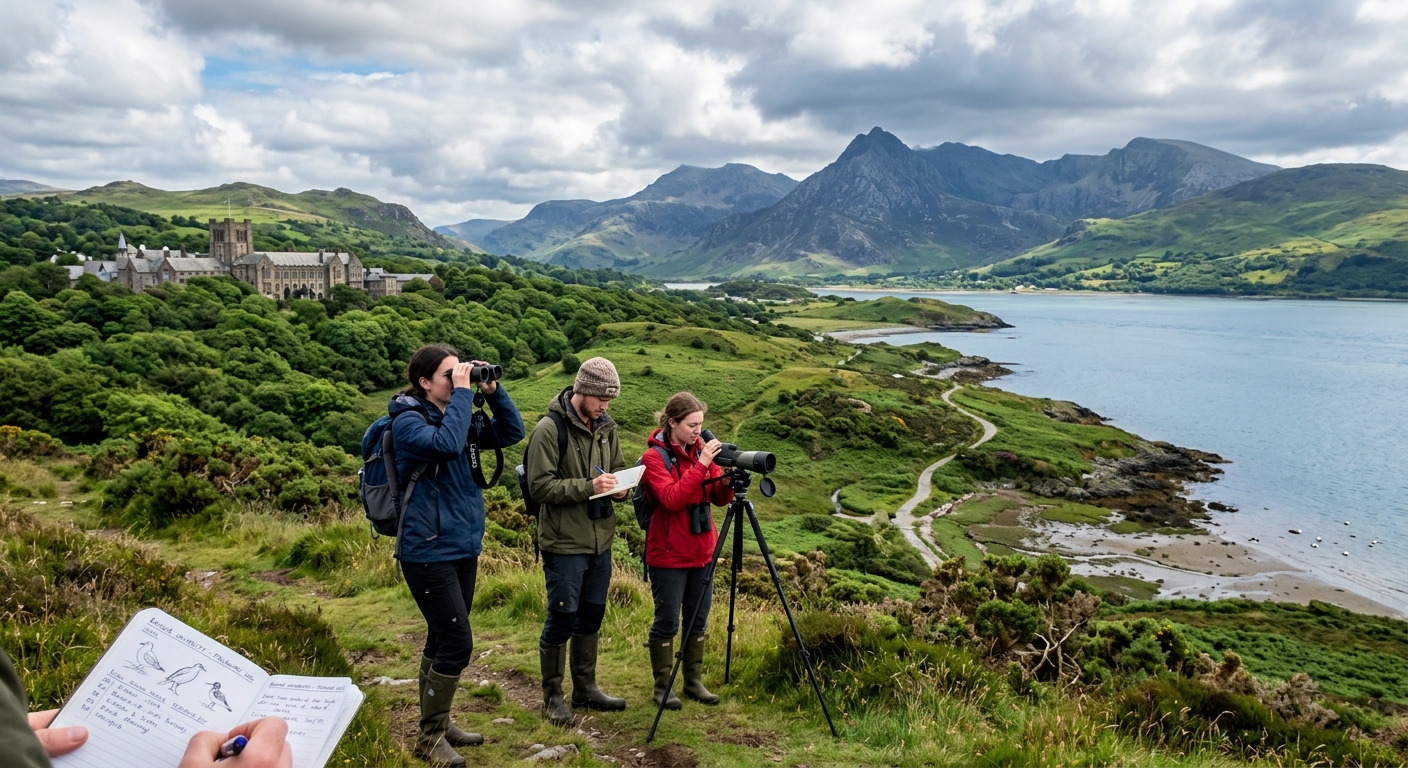 Bangor University campus with lush green surroundings near Snowdonia mountains, students conducting bird fieldwork in North Wales coastal habitat with binoculars and field notebooks, dramatic mountain and sea backdrop