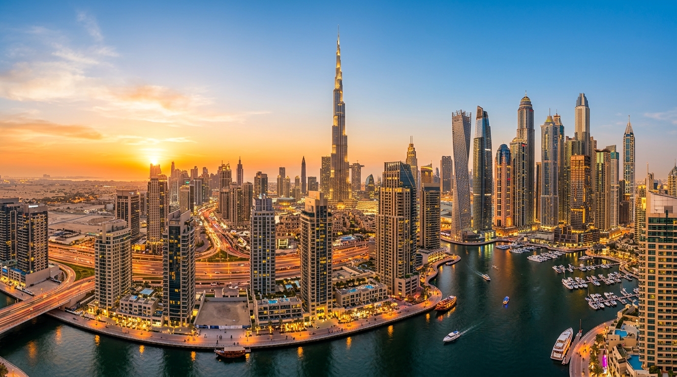 Dubai skyline panorama at golden hour, Burj Khalifa towering over the cityscape, Dubai Marina waterfront, modern skyscrapers reflecting sunset light, clear skies