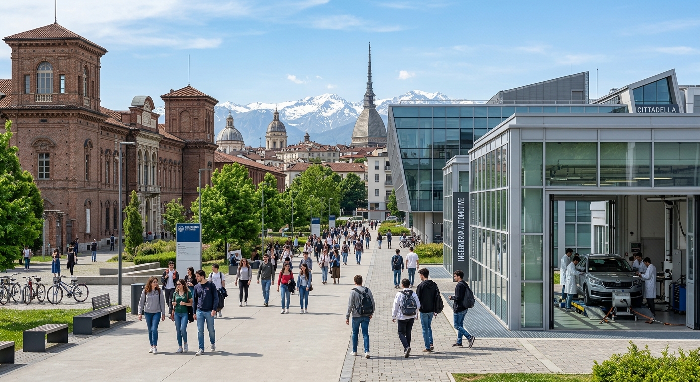Modern engineering campus of Politecnico di Torino with historic brick buildings and contemporary glass laboratories, students walking near automotive testing facilities, Turin cityscape with Alps in the background, bright daylight