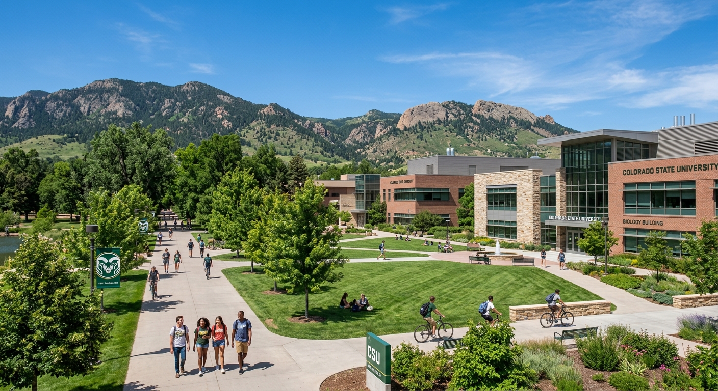 Colorado State University campus in Fort Collins with the Rocky Mountain foothills in the background, modern science buildings surrounded by green lawns, students walking along tree-lined paths under a clear blue Colorado sky