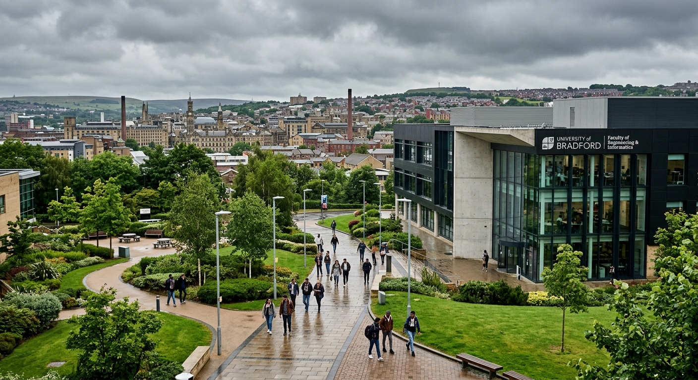 University of Bradford campus with modern engineering faculty building, students walking along pathways, Bradford cityscape in background, overcast British sky with green landscaped areas