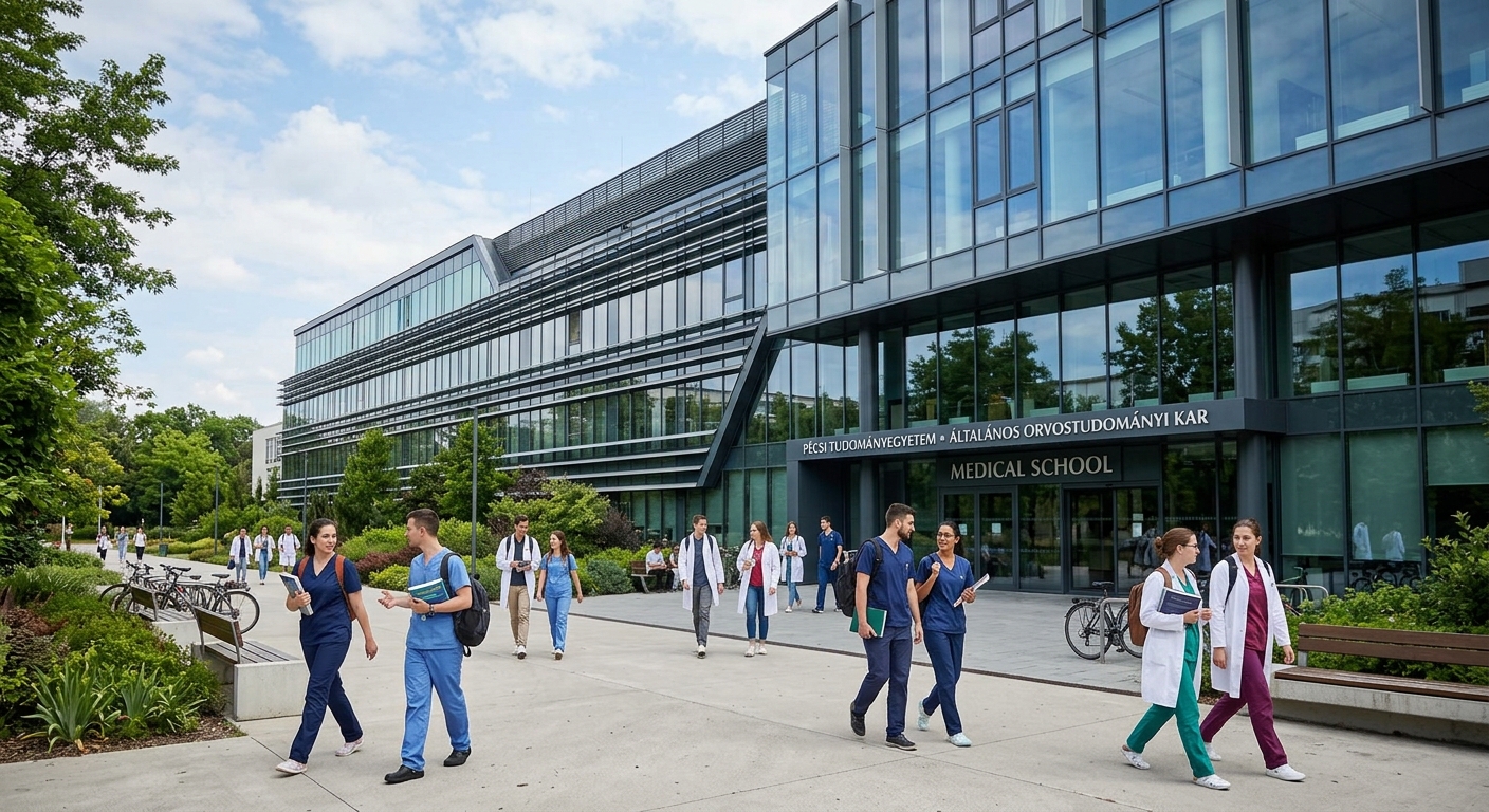 University of Pécs Medical School modern wing exterior, contemporary glass and steel architecture, medical students walking on campus, bright daylight, Hungarian university building