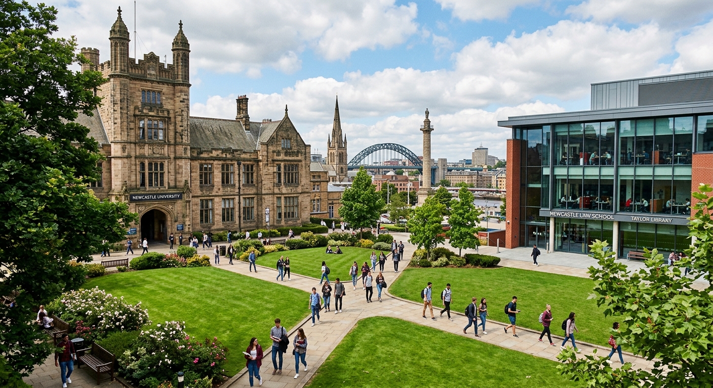 Newcastle University campus with historic stone buildings and modern law school facilities, green courtyard with students walking, Newcastle upon Tyne cityscape in background under partly cloudy sky