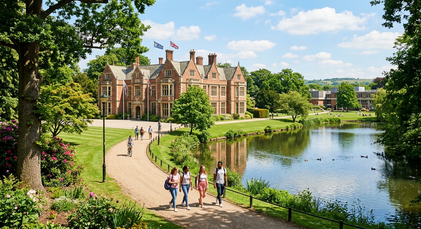 University of York campus with historic Heslington Hall surrounded by lush green grounds and a tranquil lake, students walking along tree-lined pathways on a sunny day in Yorkshire, England