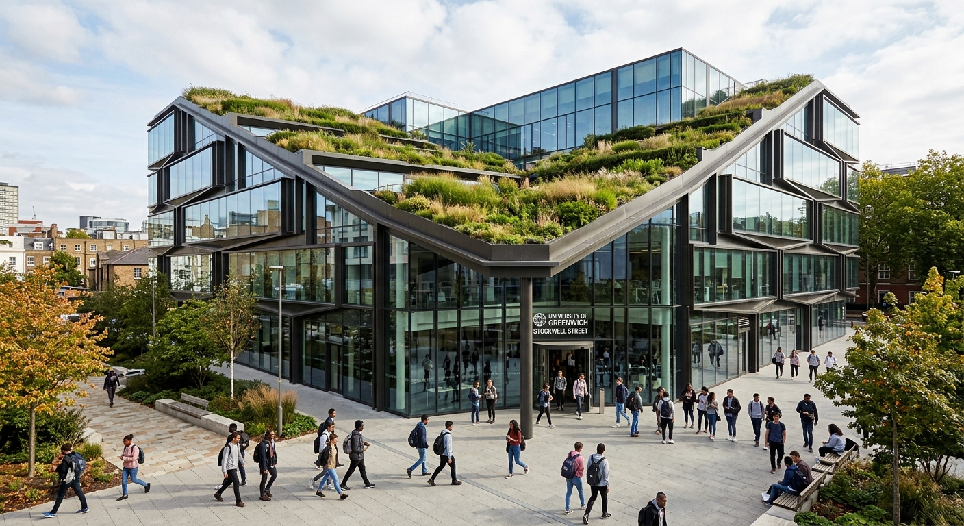 Stockwell Street Building at University of Greenwich, modern award-winning architecture with green terraces and glass facades, students walking outside