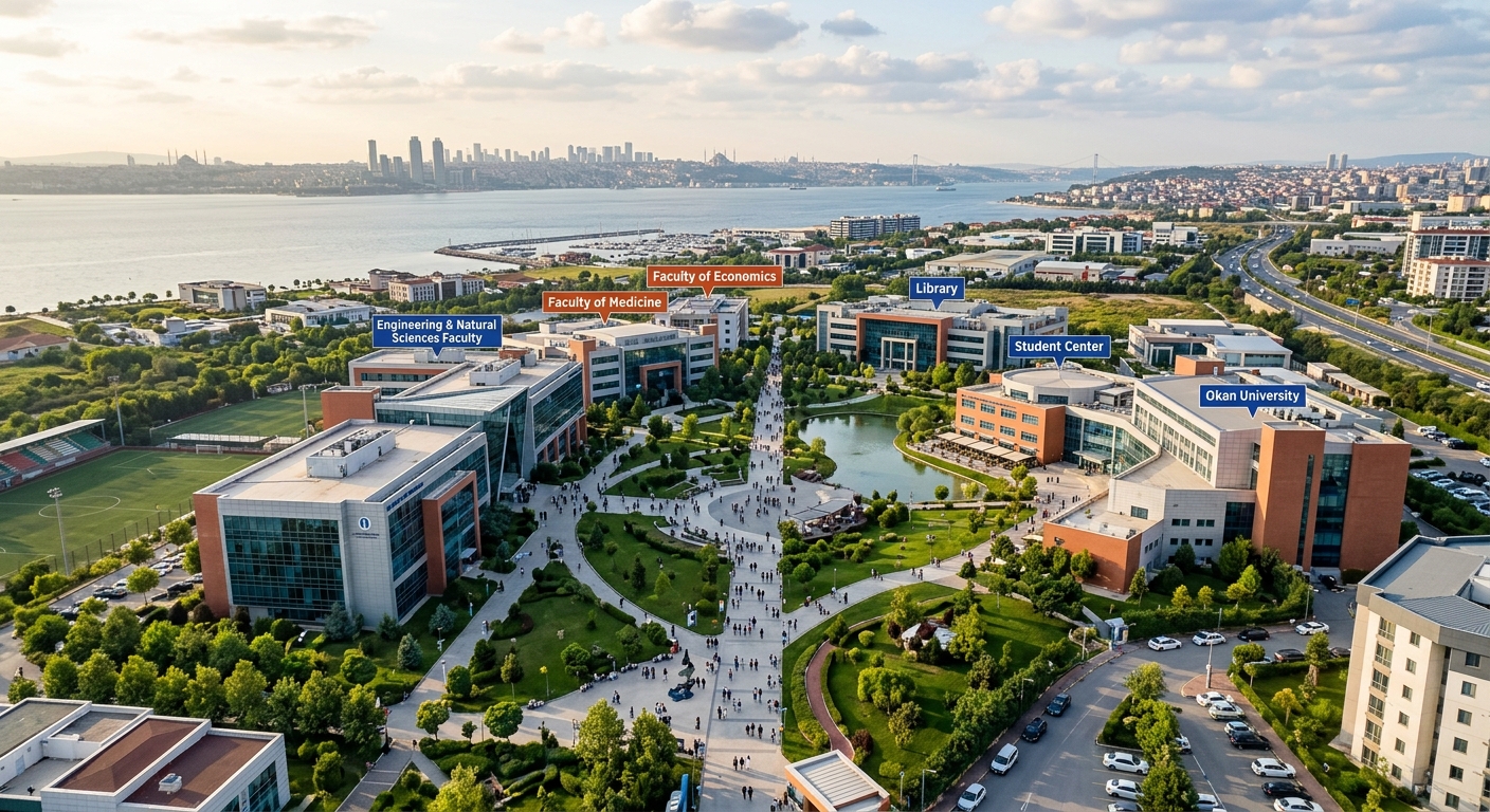 Modern Istanbul Okan University Tuzla campus aerial view with contemporary academic buildings, green landscaping, students walking between faculties, Istanbul skyline in the background, warm afternoon light