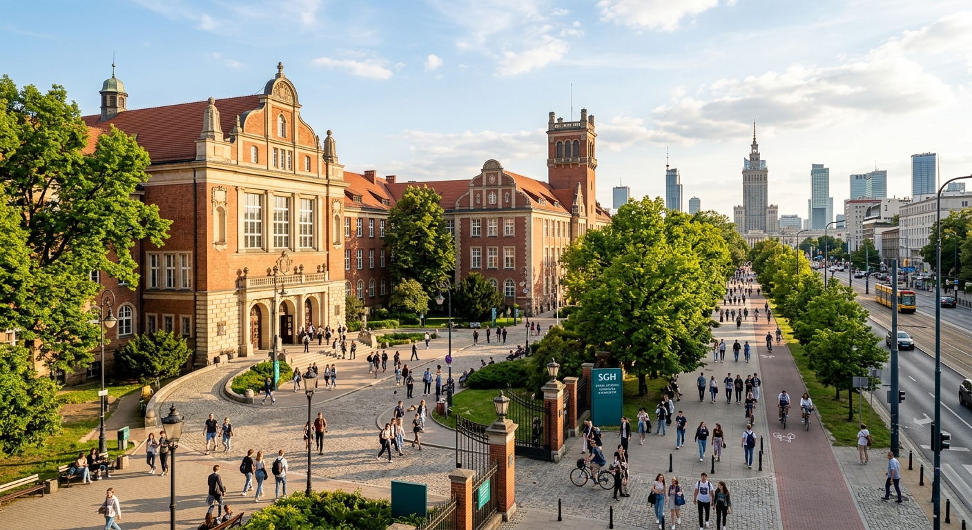 SGH Warsaw School of Economics main campus wide shot, historic interwar-period brick and stone buildings along Aleja Niepodleglosci, green trees lining the walkways, students crossing the courtyard, Warsaw skyline in background, warm afternoon light