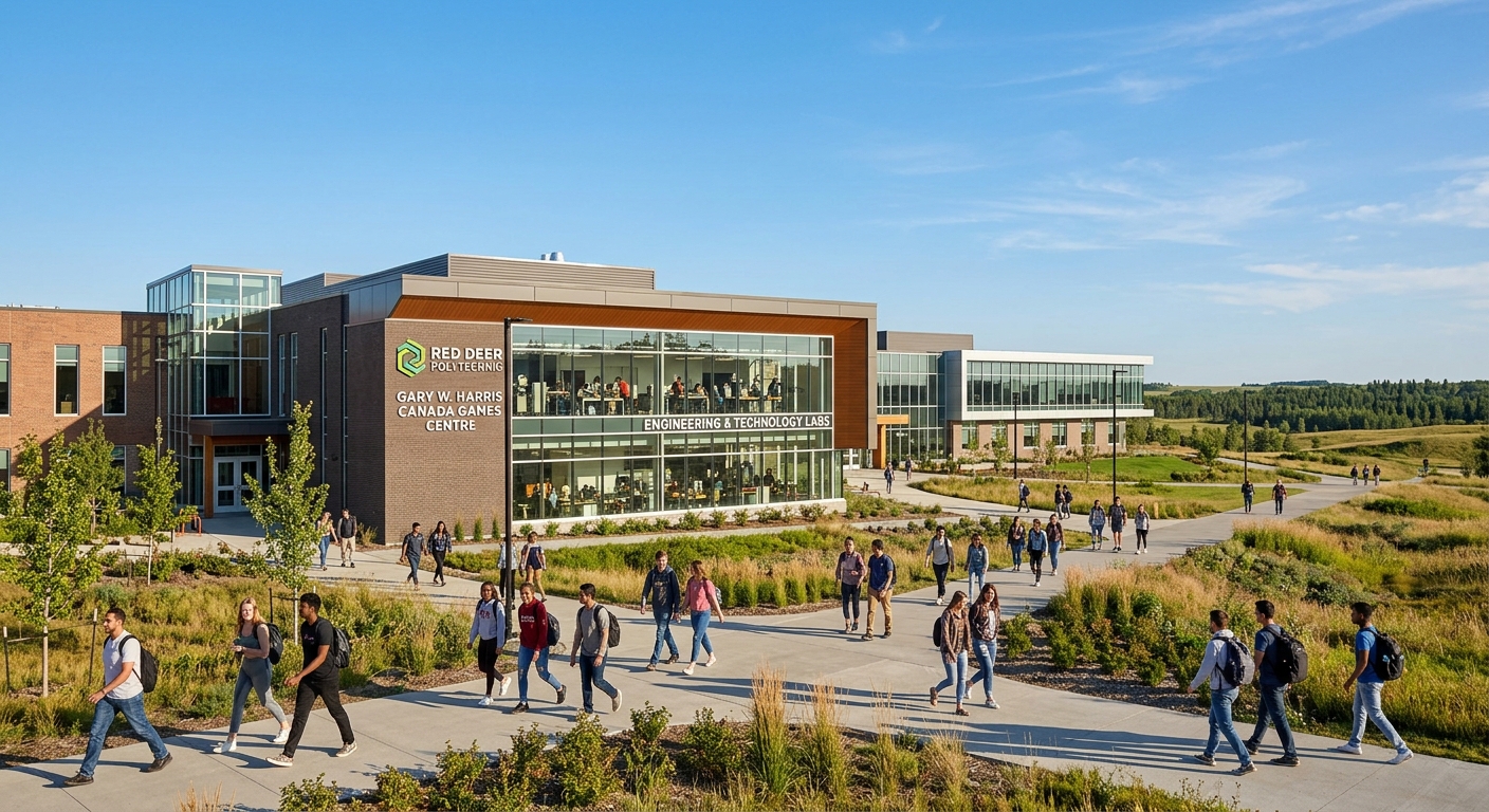 Modern polytechnic campus building at Red Deer Polytechnic with engineering technology labs, students walking on pathways surrounded by Alberta prairie landscape, clear blue sky