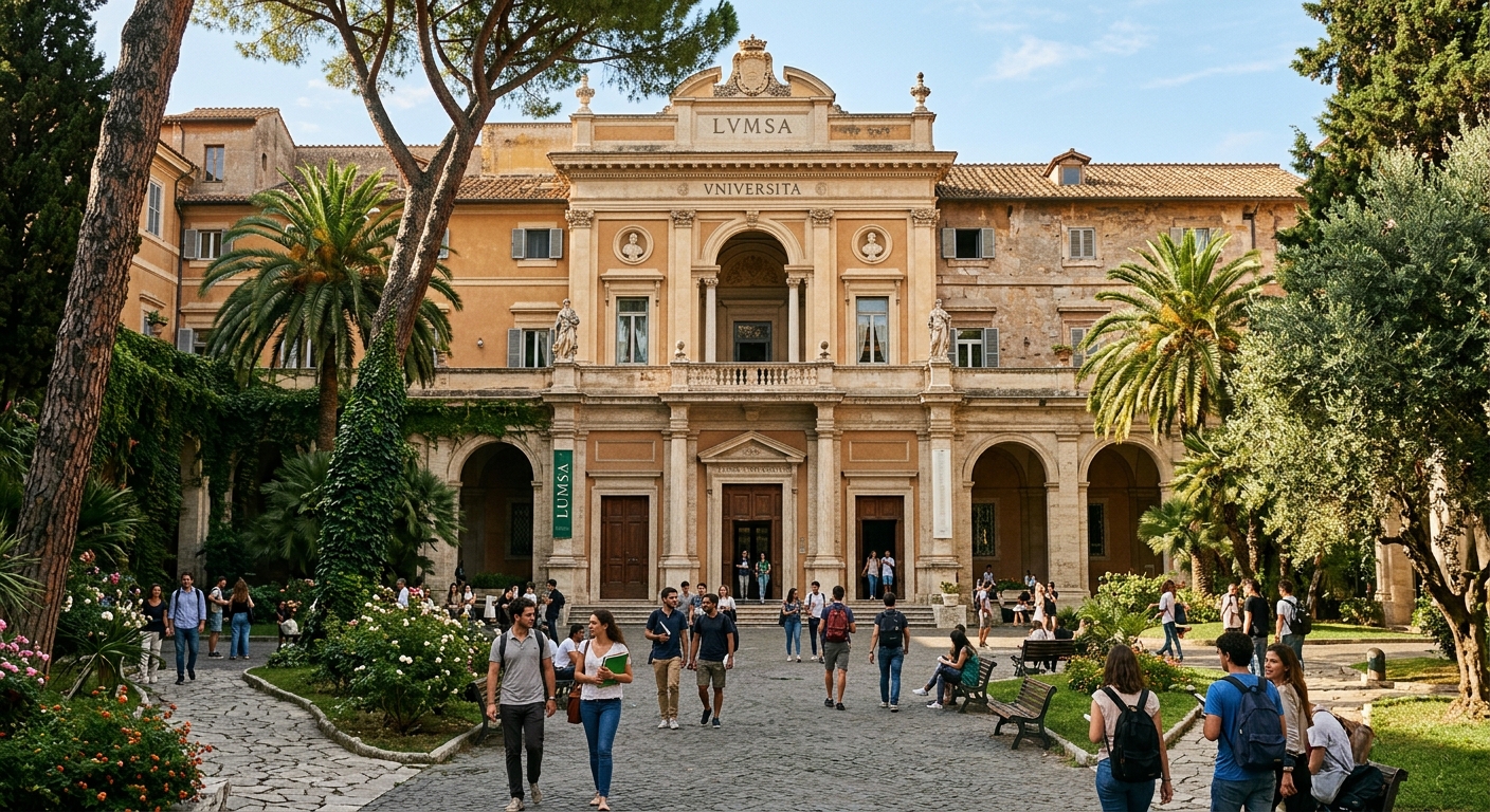 Historic LUMSA University campus building in Rome Italy with classical architecture, students walking through courtyard, warm Mediterranean sunlight, lush green trees framing the entrance