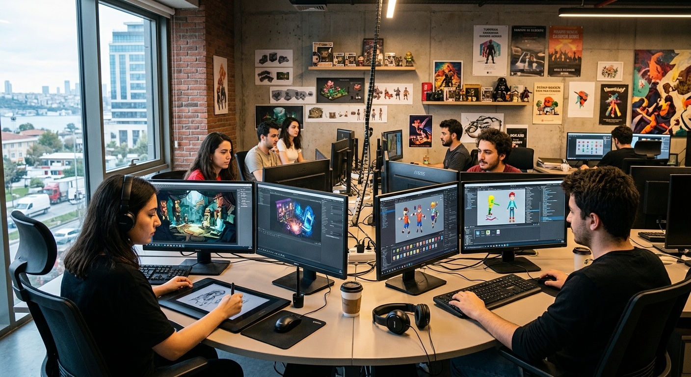 Modern university campus in Istanbul with students working on computers in a digital game design lab, colorful game artwork displayed on screens, creative studio atmosphere with drawing tablets and dual monitors