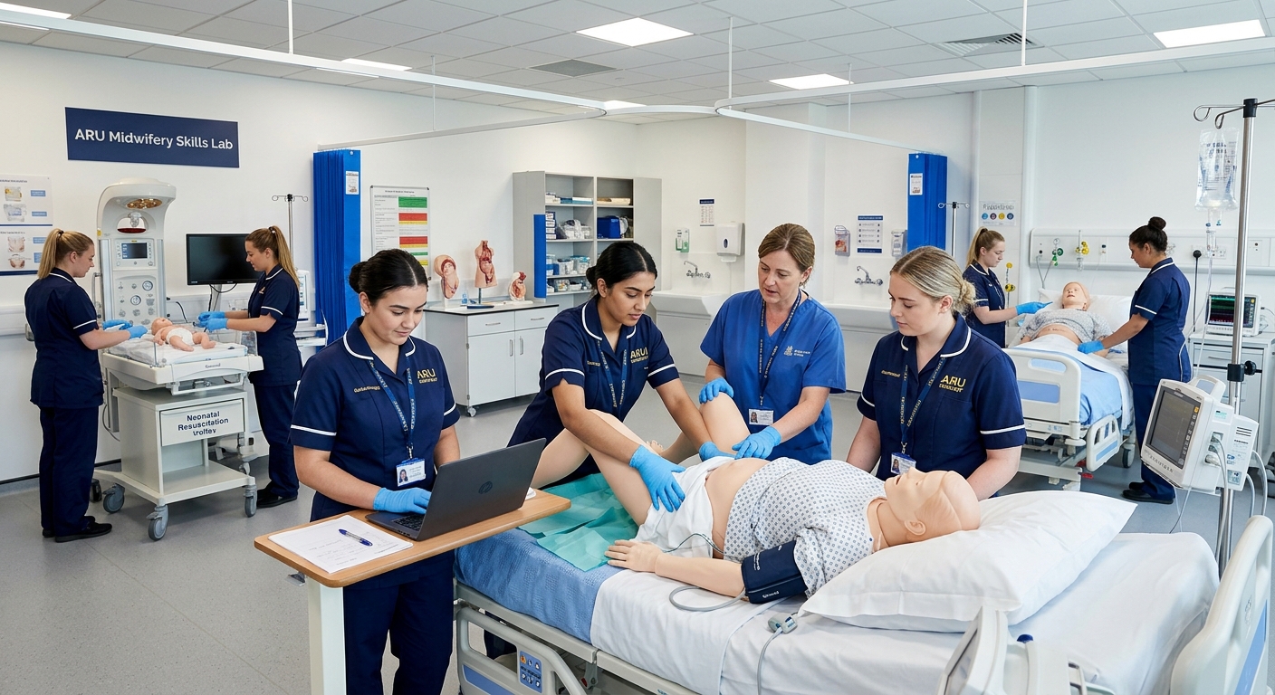 Modern midwifery skills laboratory at Anglia Ruskin University with simulation mannequins, clinical equipment, and students practicing maternal care techniques under bright clinical lighting