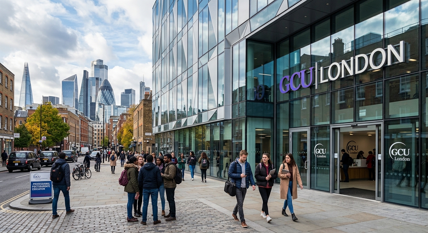 Modern GCU London campus building in Spitalfields, London, with glass facade and students walking outside, city skyline in background, professional postgraduate education setting