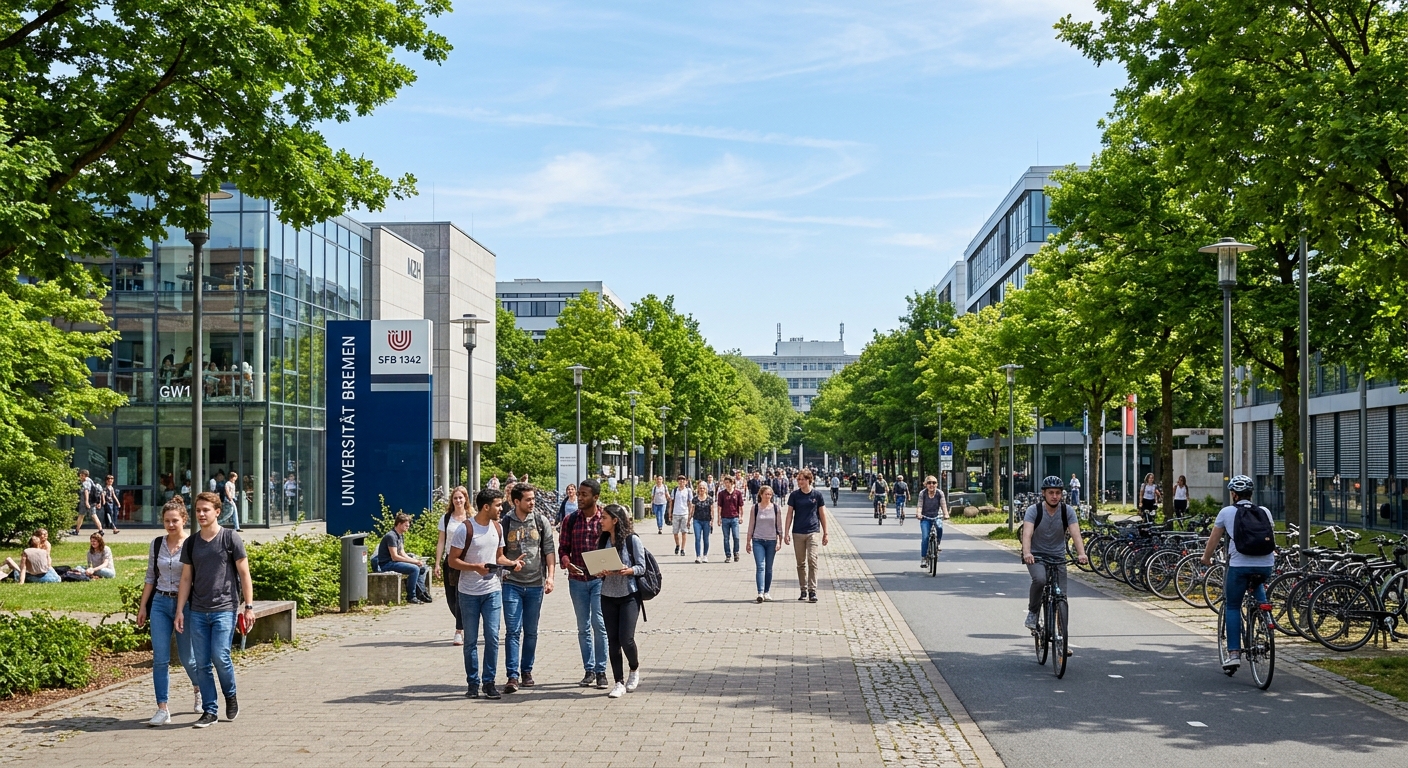 University of Bremen campus boulevard with students walking between modern faculty buildings, bicycle paths, green trees lining the walkway, sunny day