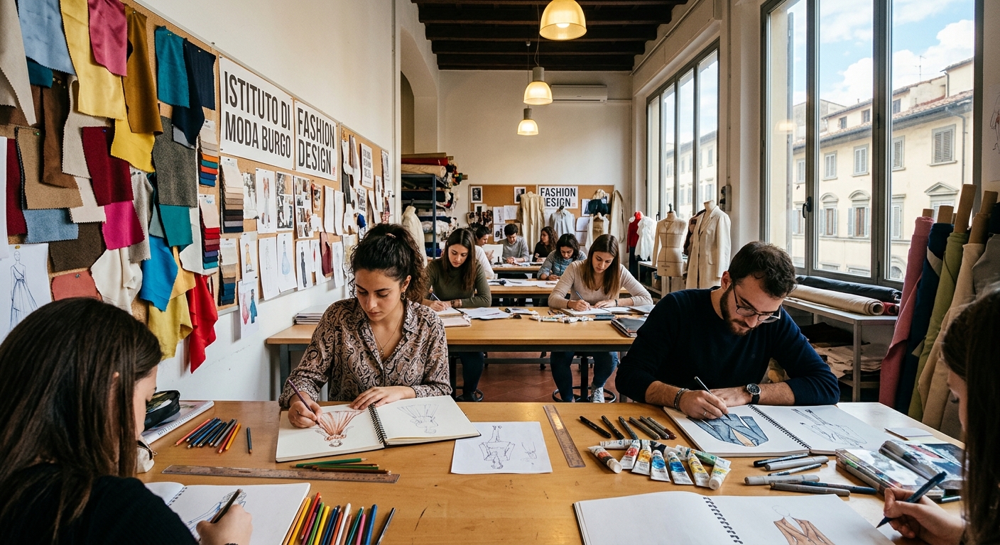Fashion design studio at Istituto di Moda Burgo, students sketching fashion illustrations at drawing tables, colorful fabric swatches on walls, bright creative workspace
