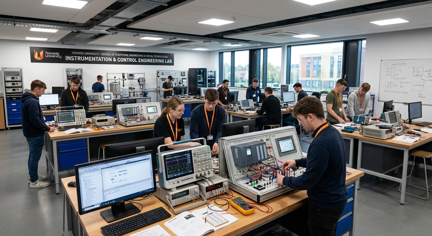 Modern engineering laboratory at Teesside University campus in Middlesbrough, students working with instrumentation and control equipment, digital oscilloscopes and PLCs visible, industrial measurement systems on workbenches, bright LED lighting