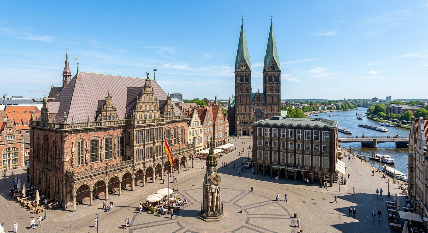 Bremen Germany cityscape, historic market square with Roland statue and Town Hall, red brick Gothic architecture, Weser River in background, clear sky