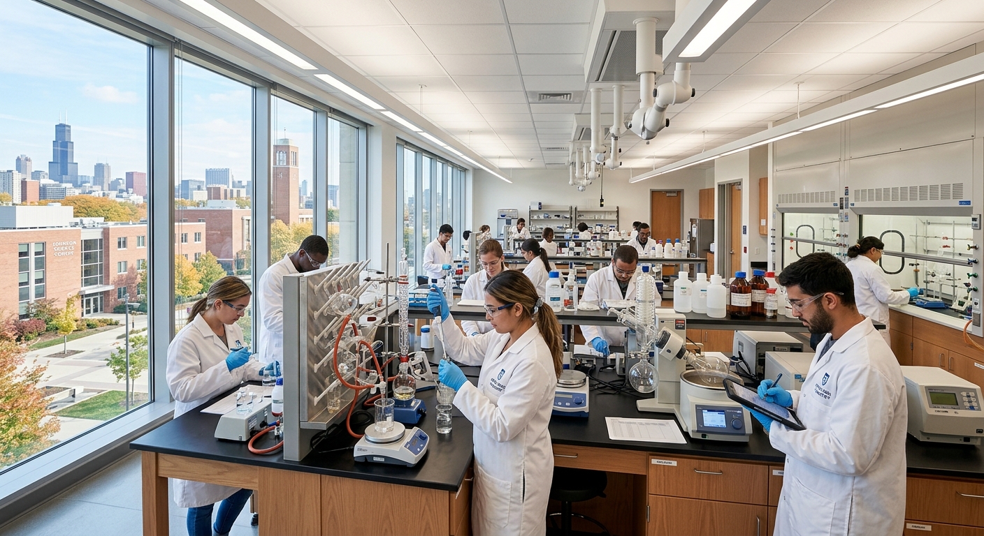 Modern chemistry laboratory at North Park University in Chicago, students in lab coats conducting experiments with glassware and advanced instruments, bright fluorescent lighting, urban campus visible through windows