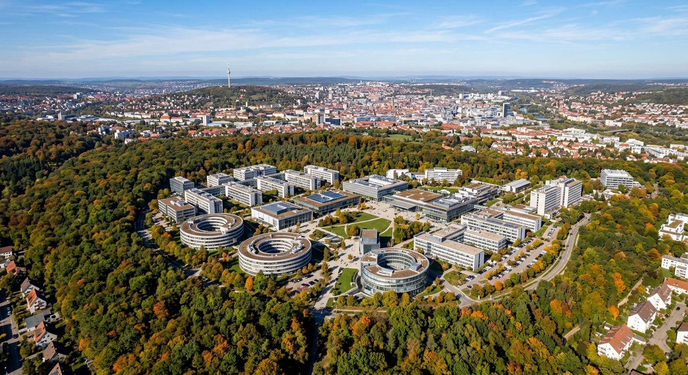 University of Stuttgart Vaihingen campus wide aerial view, modern engineering buildings surrounded by green forests, Stuttgart cityscape in background, clear blue sky, autumn light