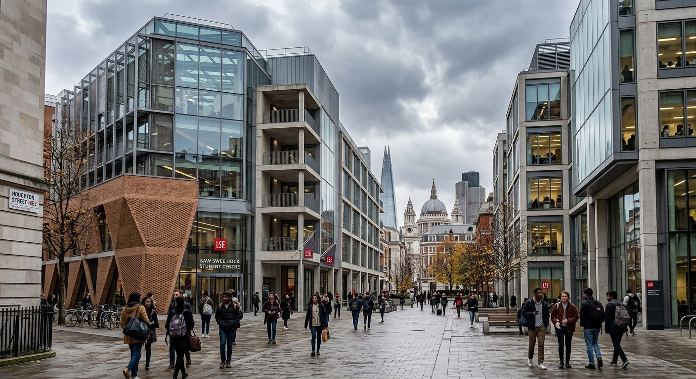 London School of Economics campus building on Houghton Street in central London, modern academic architecture with glass facades, students walking through courtyard, overcast London sky with iconic city backdrop
