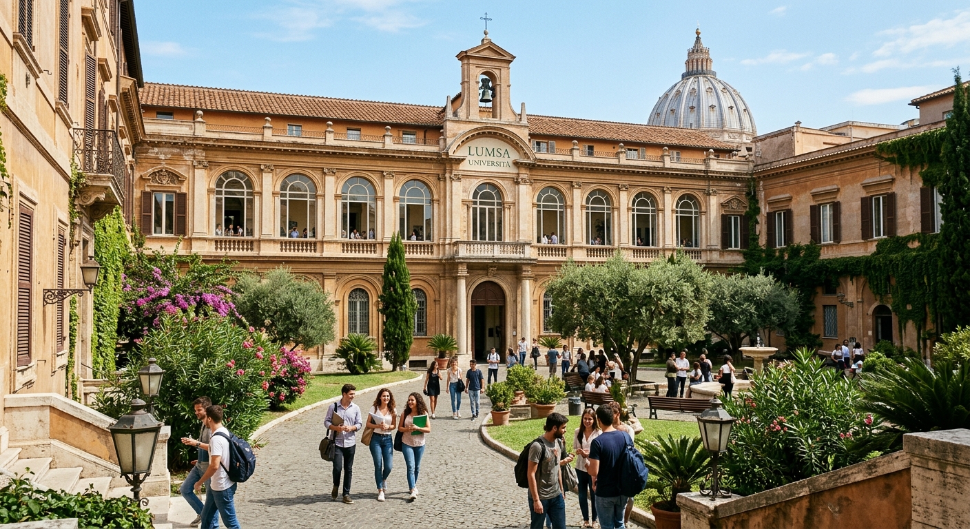 Historic LUMSA University campus building in Rome near the Vatican, classical Italian architecture with arched windows, students walking through a courtyard with Mediterranean greenery
