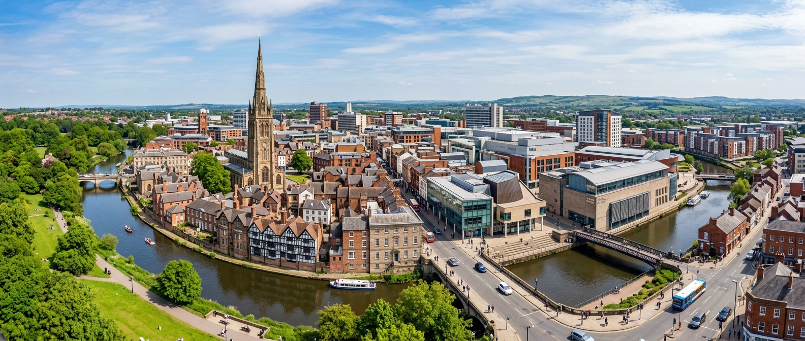 Derby city centre panoramic view, Cathedral Quarter, historic buildings alongside modern architecture, River Derwent flowing through, green parks, English Midlands cityscape